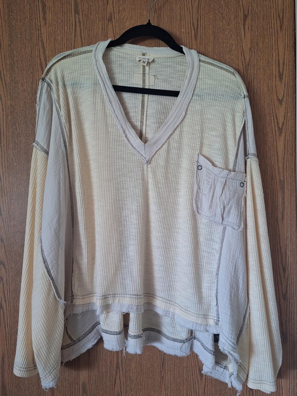 POL Women's Cream Textured Top with Pocket Detail
